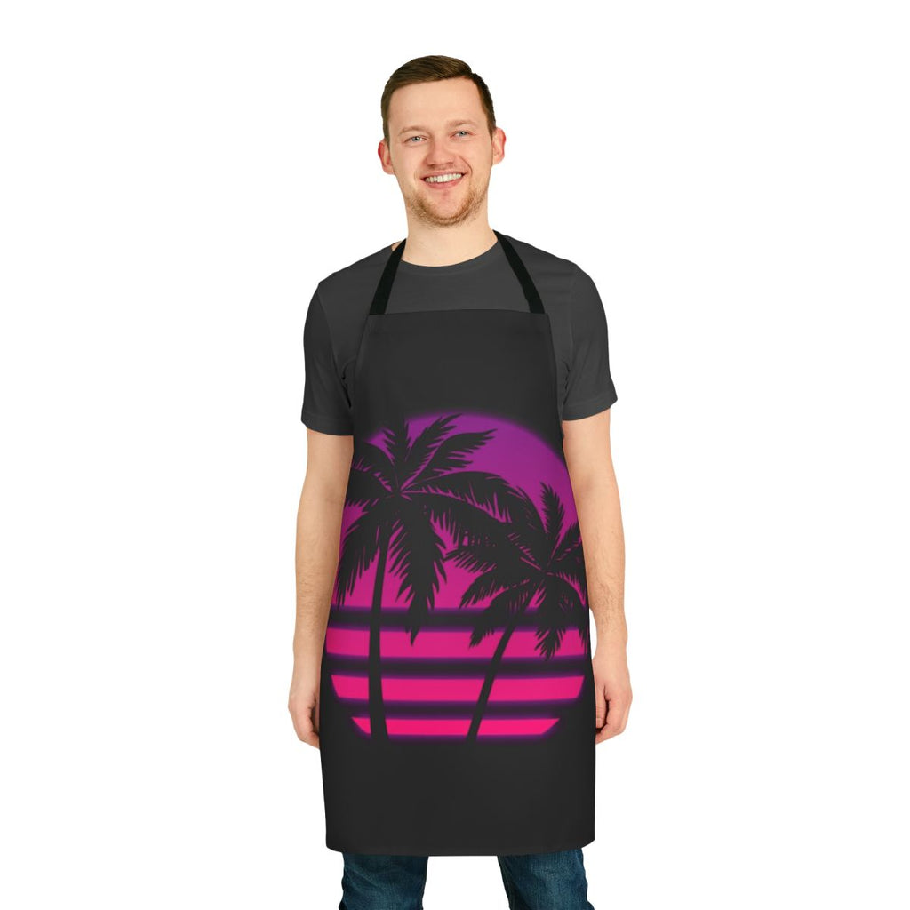 Colorful Miami wave pattern apron with palm trees and sunset colors