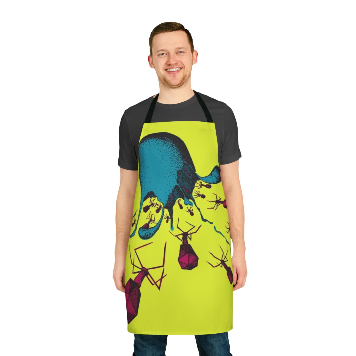 Vibrant and colorful apron featuring abstract microbial art design
