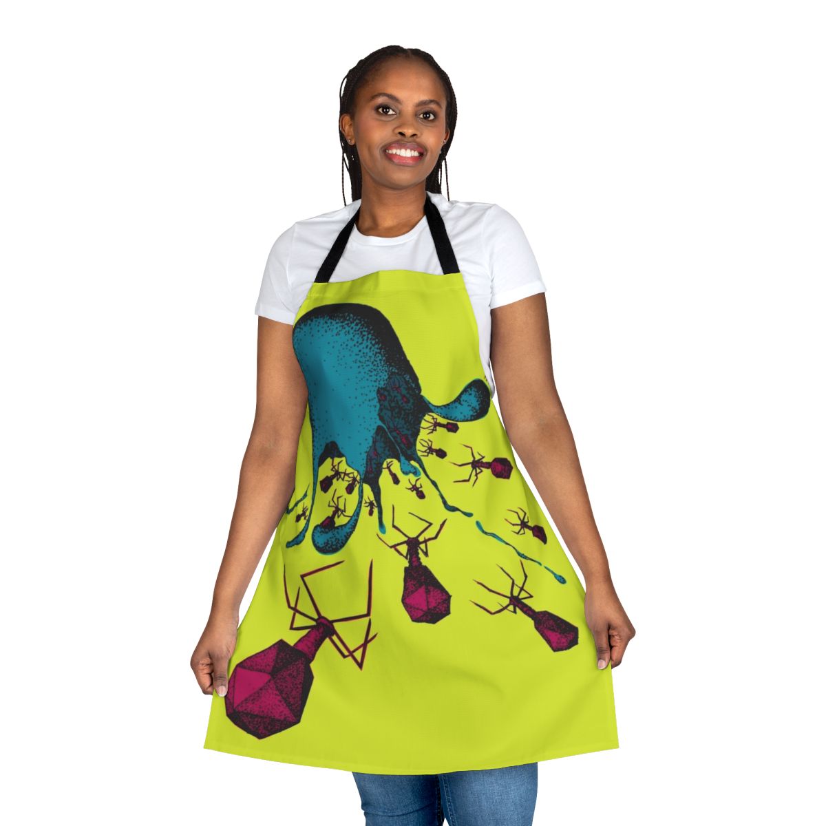 Vibrant and colorful apron featuring abstract microbial art design