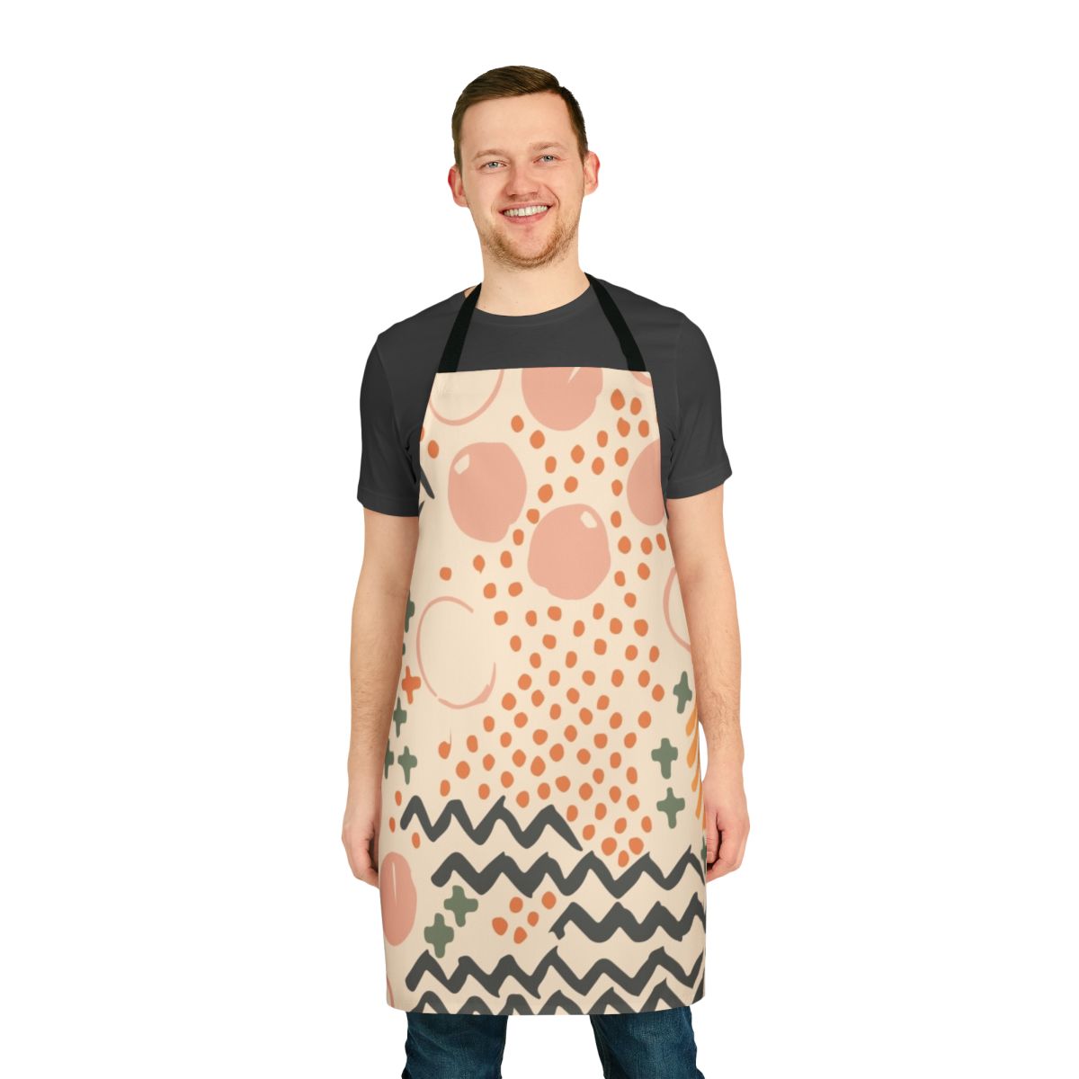 Multicolored mid century style apron with a retro, kaleidoscopic pattern