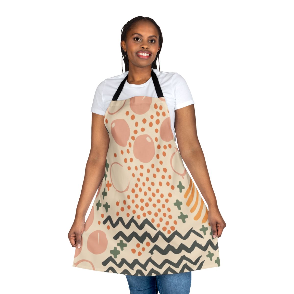 Multicolored mid century style apron with a retro, kaleidoscopic pattern