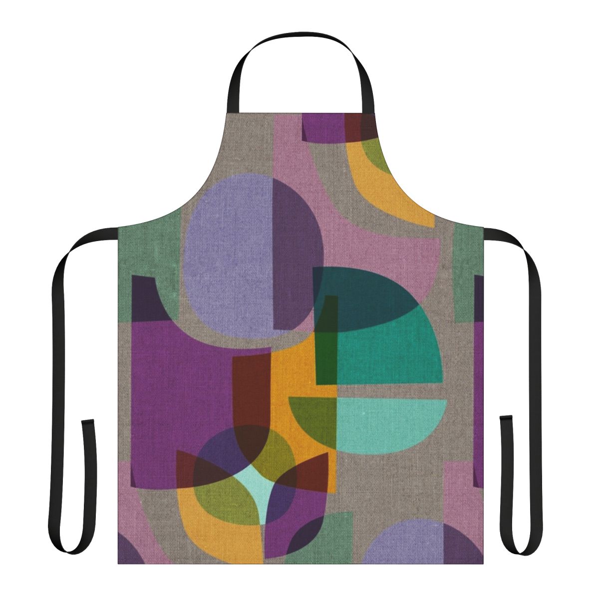 Colorful mid-century inspired apron with a kaleidoscope print design in shades of purple, lavender, and aqua.