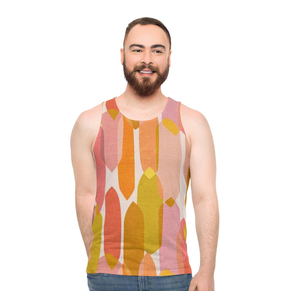 Vibrant mid-century inspired unisex tank top with abstract droplet pattern