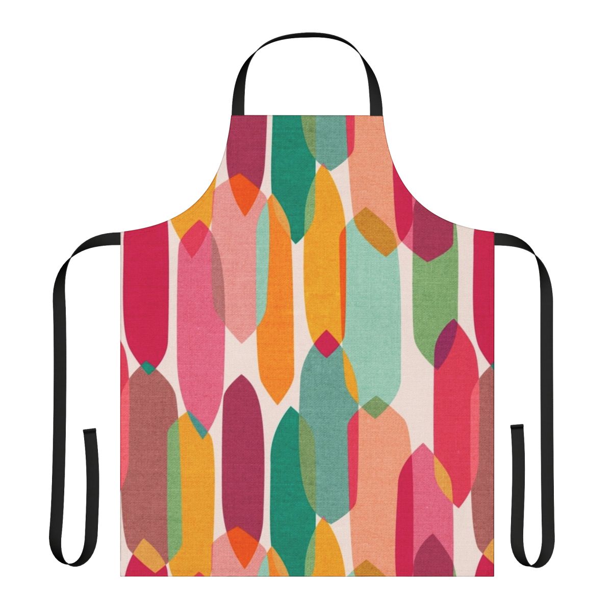 Multicolored abstract apron with geometric droplet design in a midcentury modern style