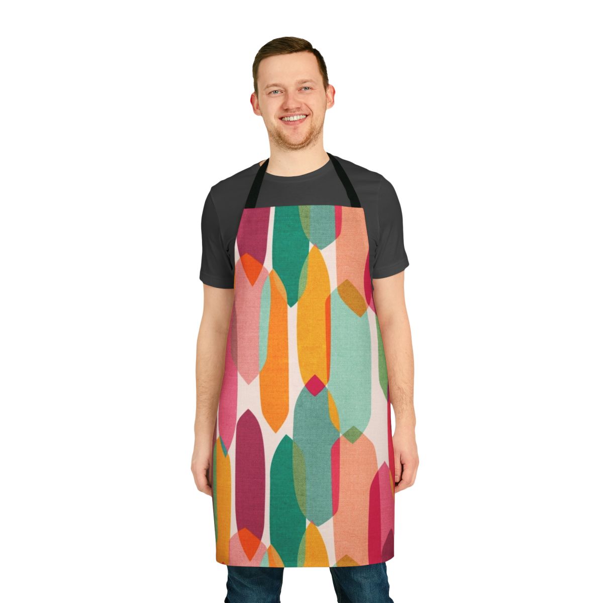 Multicolored abstract apron with geometric droplet design in a midcentury modern style