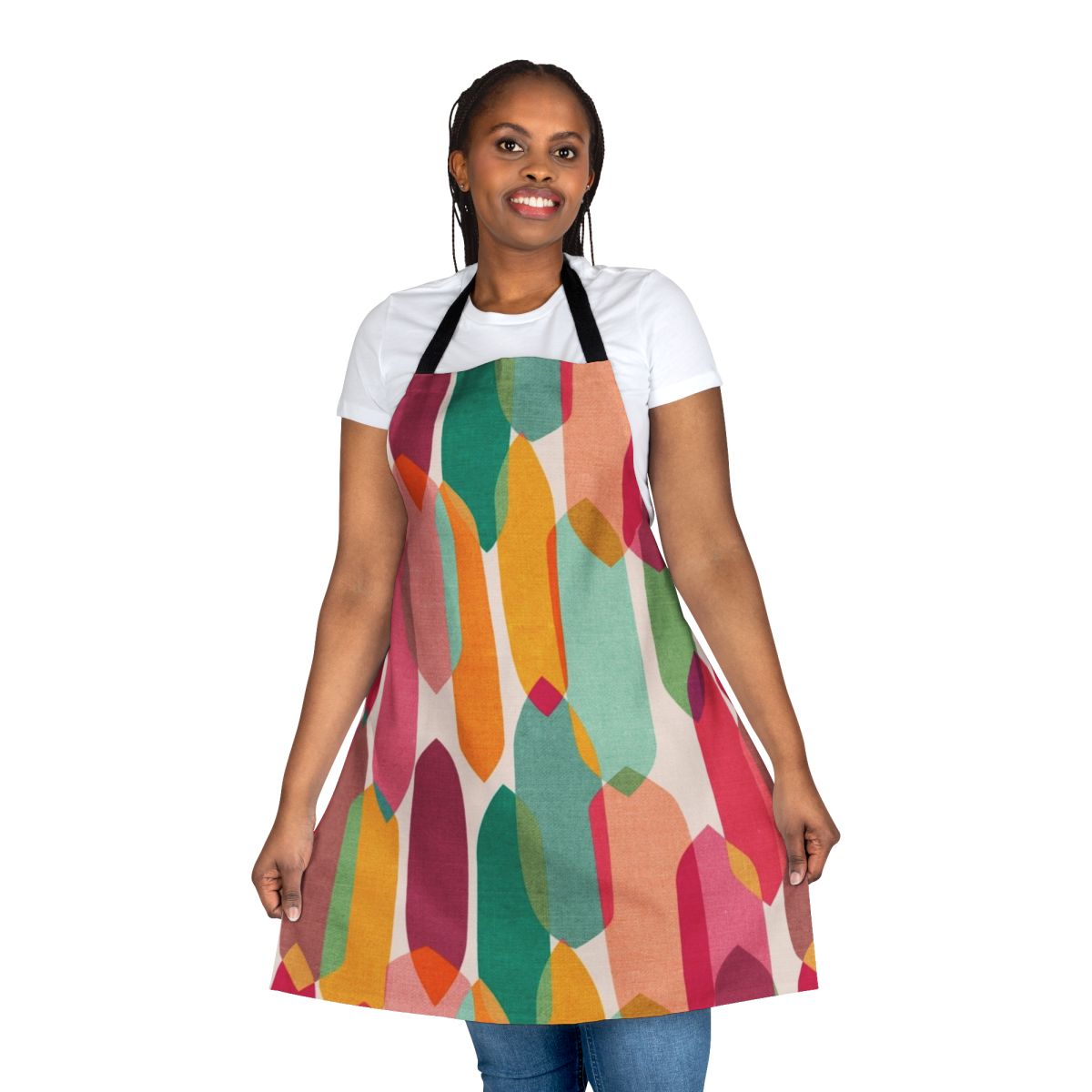 Multicolored abstract apron with geometric droplet design in a midcentury modern style