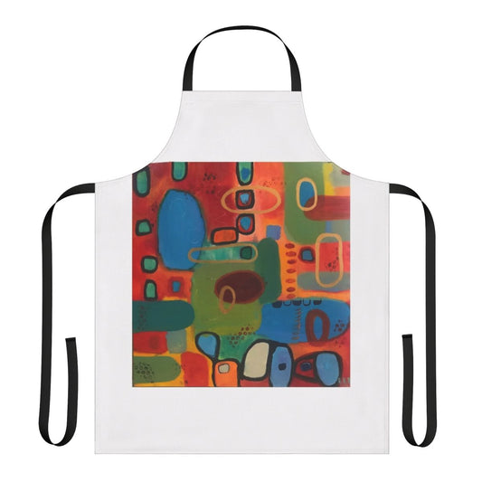 Mimi mix abstract design in shades of green, blue, and shapes on a kitchen apron