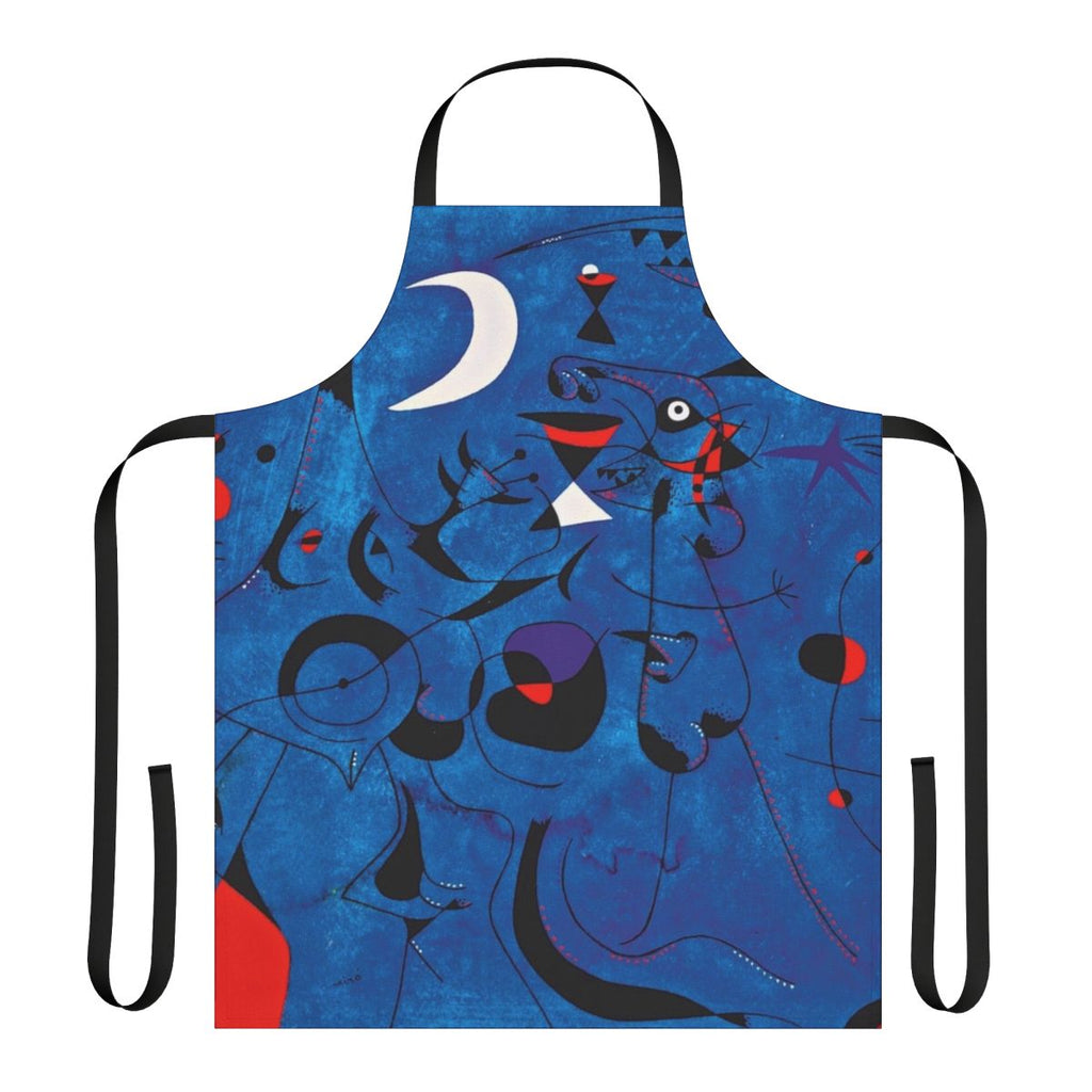 Vibrant abstract apron featuring Miro-inspired blue and red geometric shapes