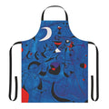 Vibrant abstract apron featuring Miro-inspired blue and red geometric shapes