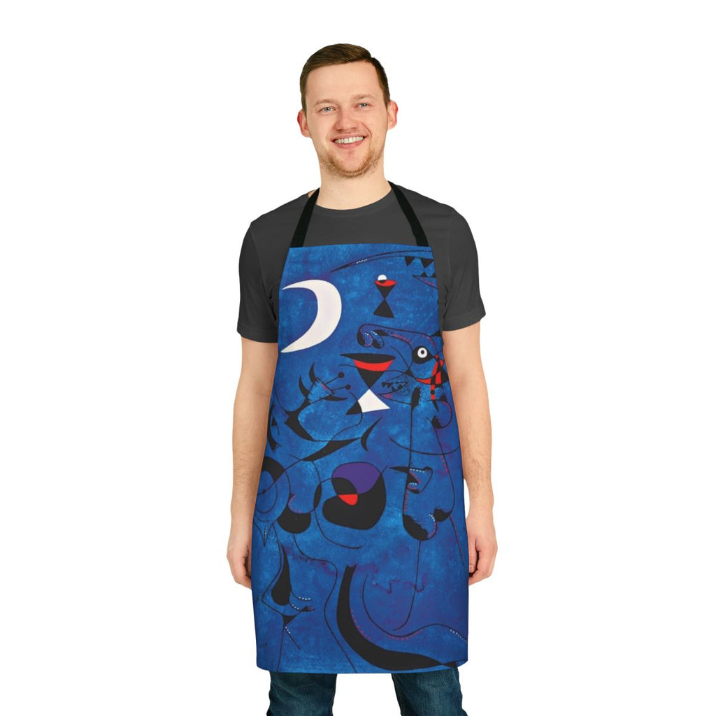 Vibrant abstract apron featuring Miro-inspired blue and red geometric shapes