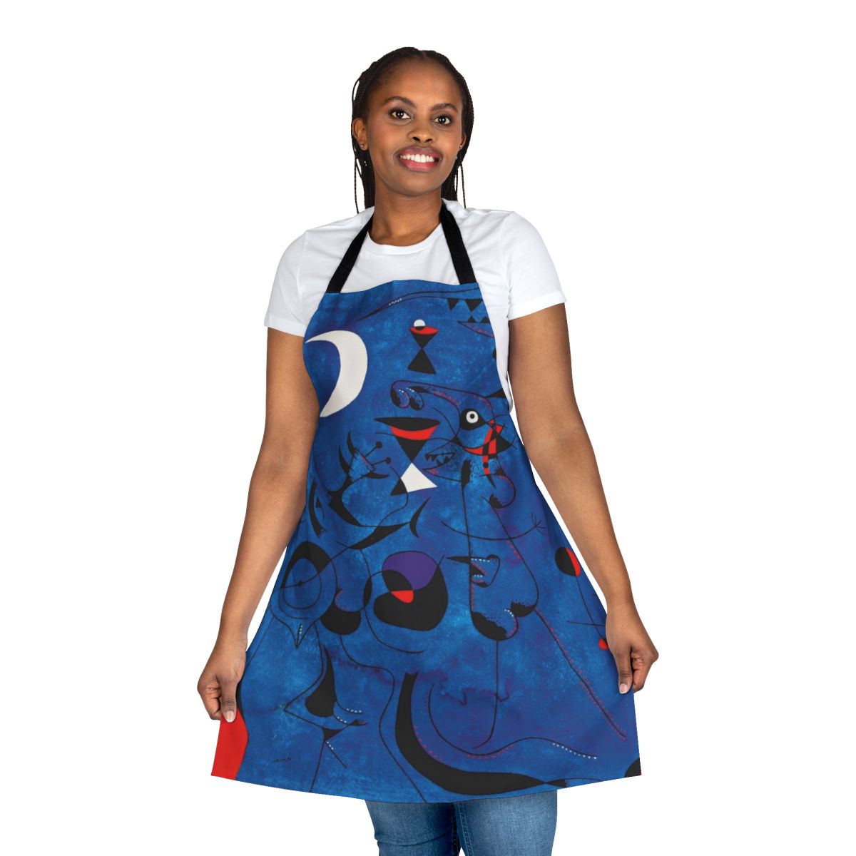 Vibrant abstract apron featuring Miro-inspired blue and red geometric shapes