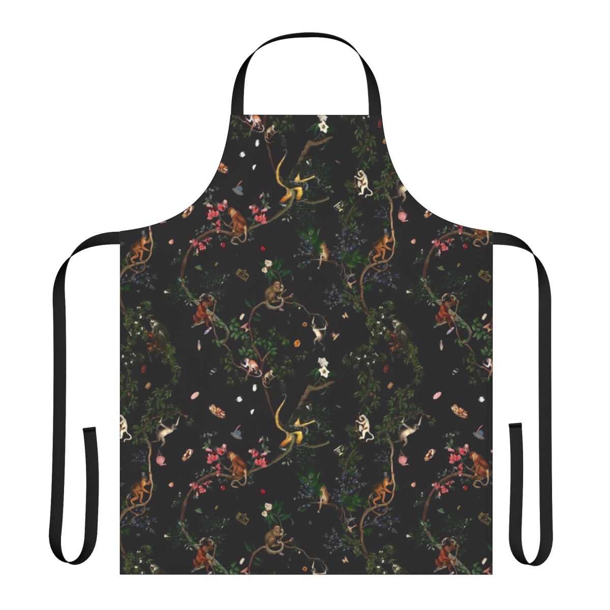 Monkey-themed apron with botanical and jungle print design