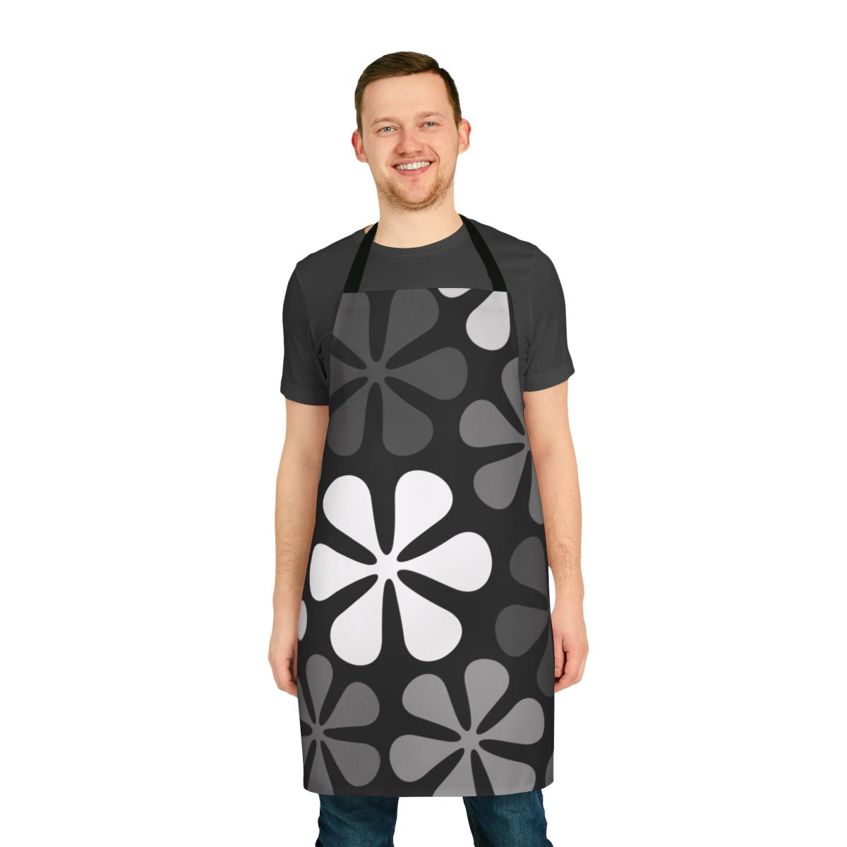 Monochrome floral apron with abstract flower designs