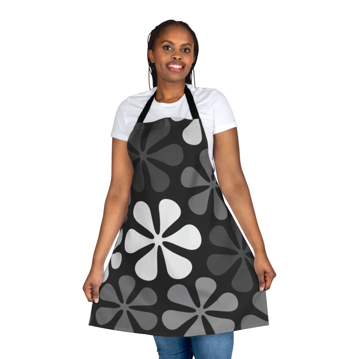 Monochrome floral apron with abstract flower designs