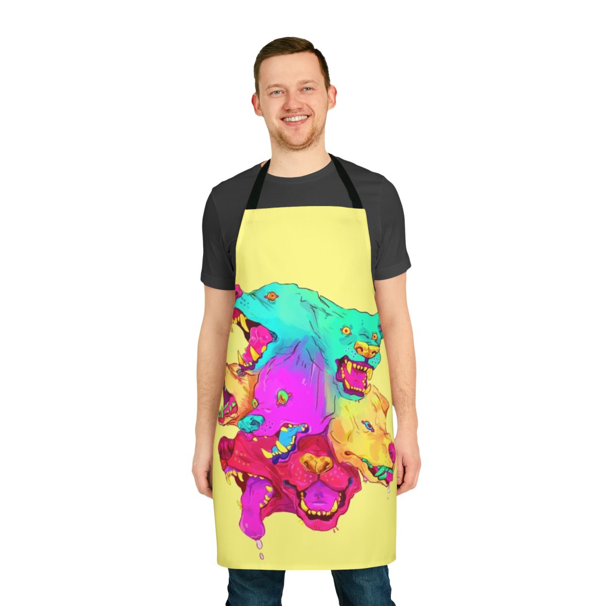 Pileup Apron featuring a colorful, monster-inspired design for pets