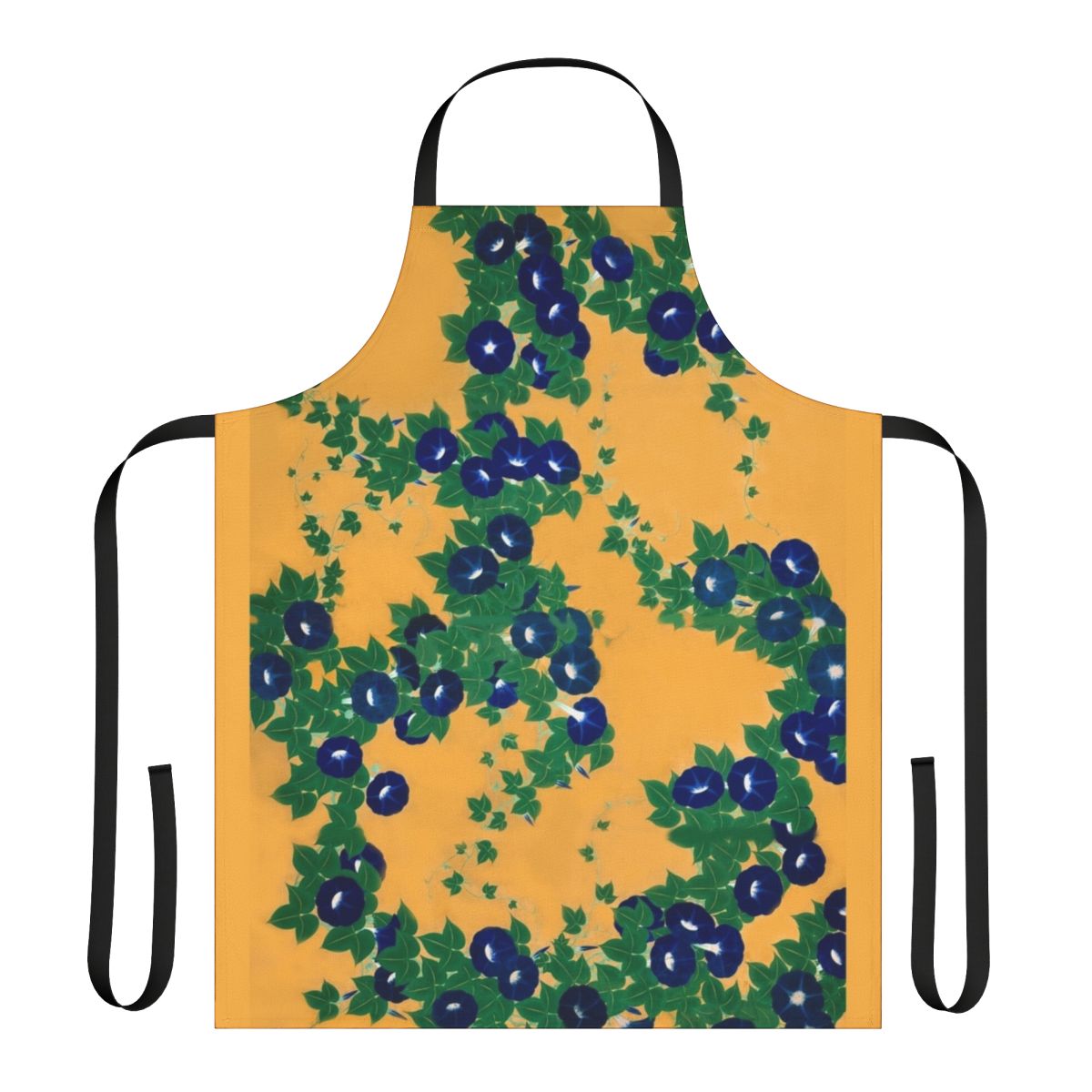An apron featuring a beautiful morning glory design inspired by the artwork of Suzuki Kiitsu from the Edo period in Japan.