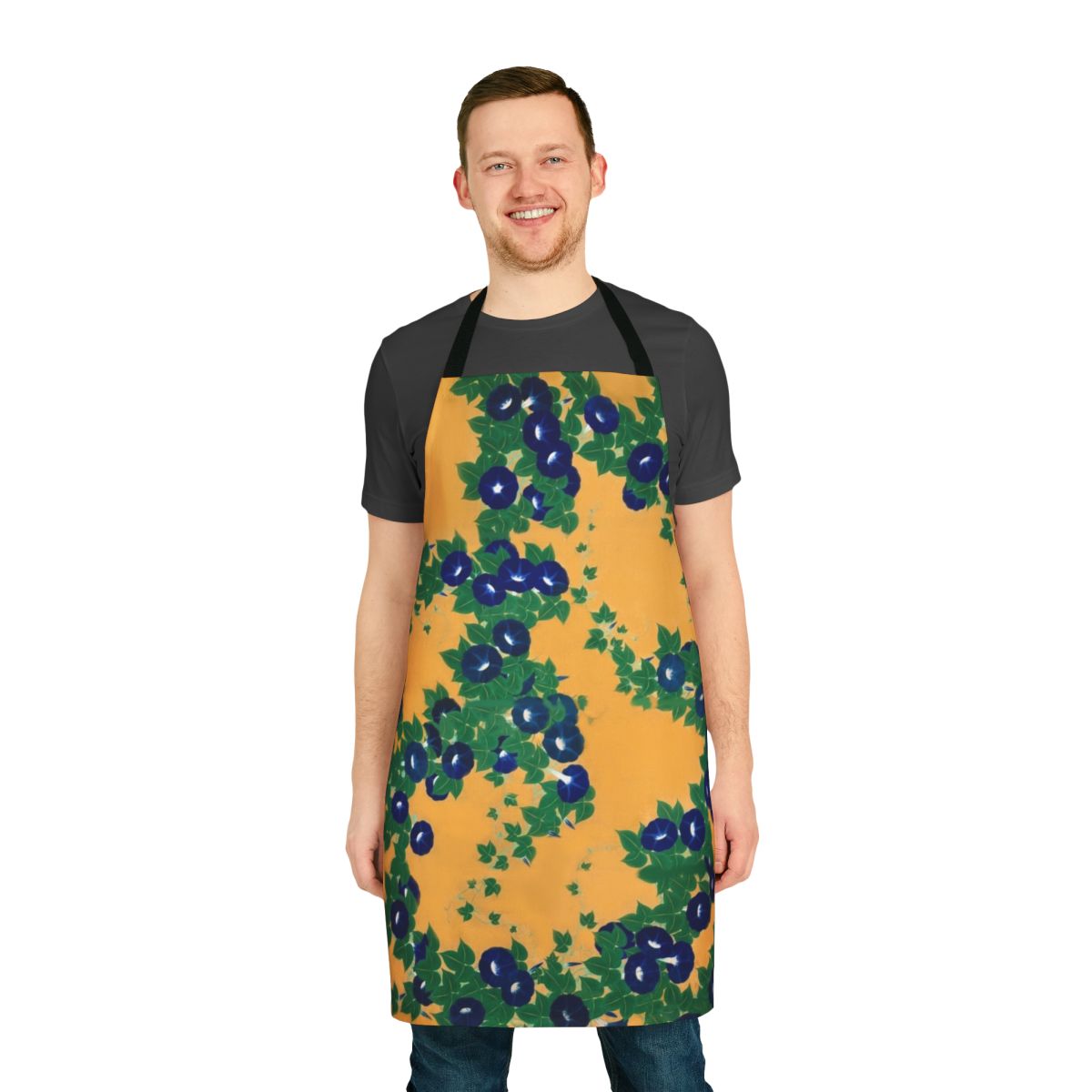 An apron featuring a beautiful morning glory design inspired by the artwork of Suzuki Kiitsu from the Edo period in Japan.