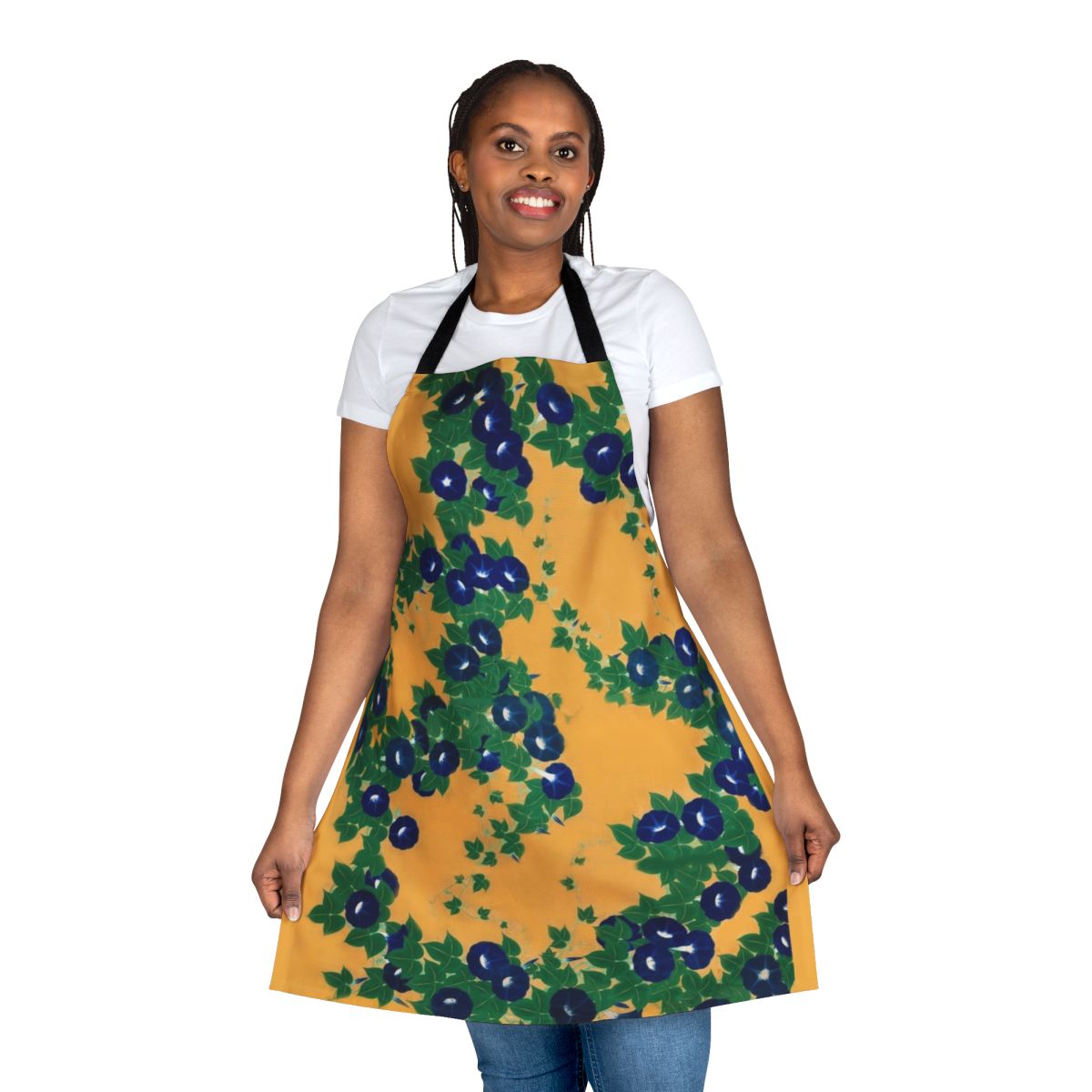 An apron featuring a beautiful morning glory design inspired by the artwork of Suzuki Kiitsu from the Edo period in Japan.