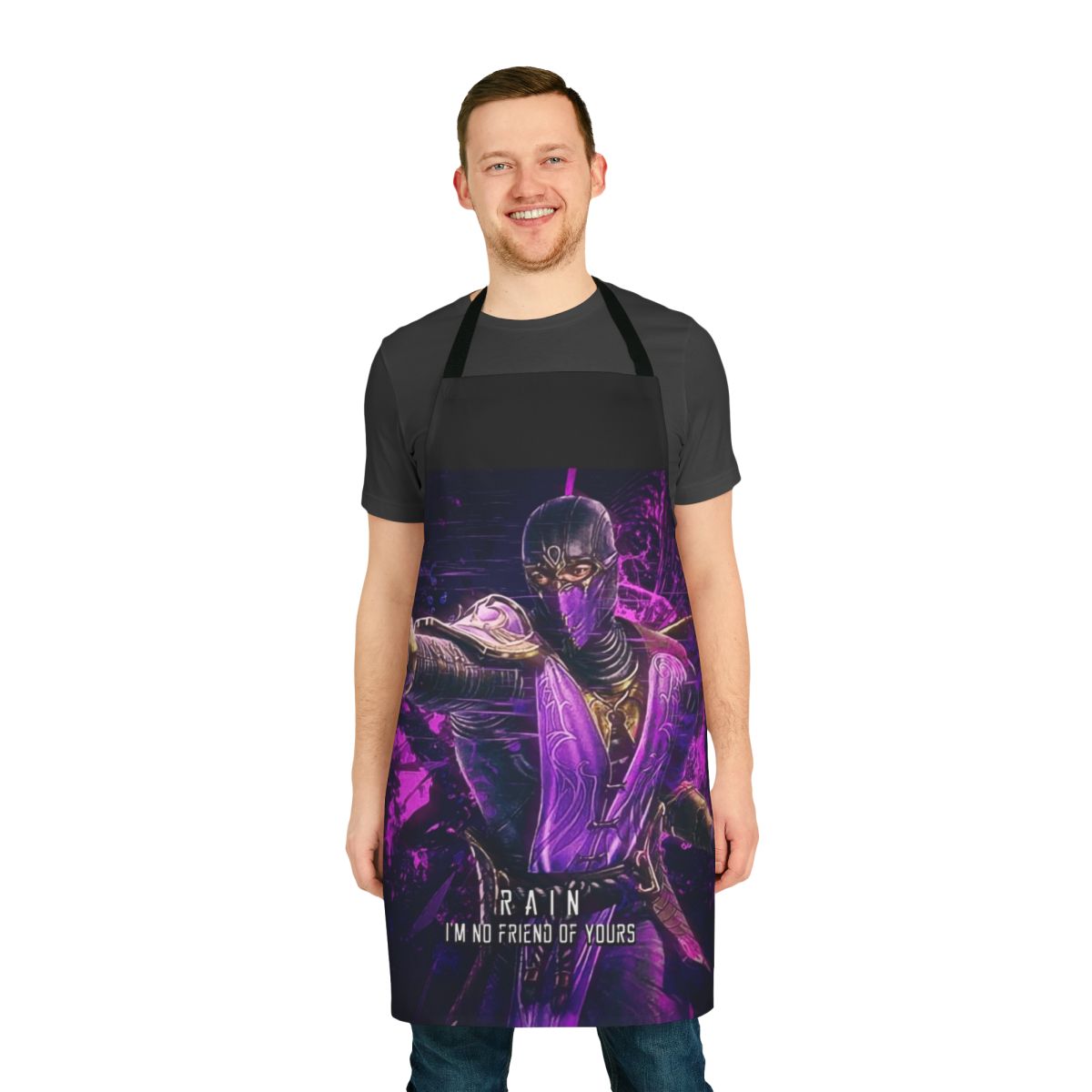 Mortal Kombat-themed apron featuring colorful, abstract ninja characters