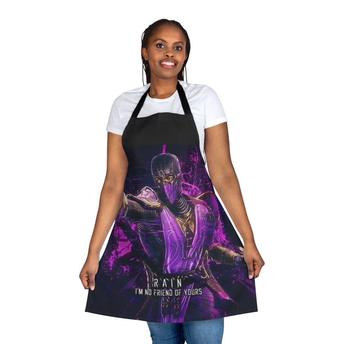 Mortal Kombat-themed apron featuring colorful, abstract ninja characters