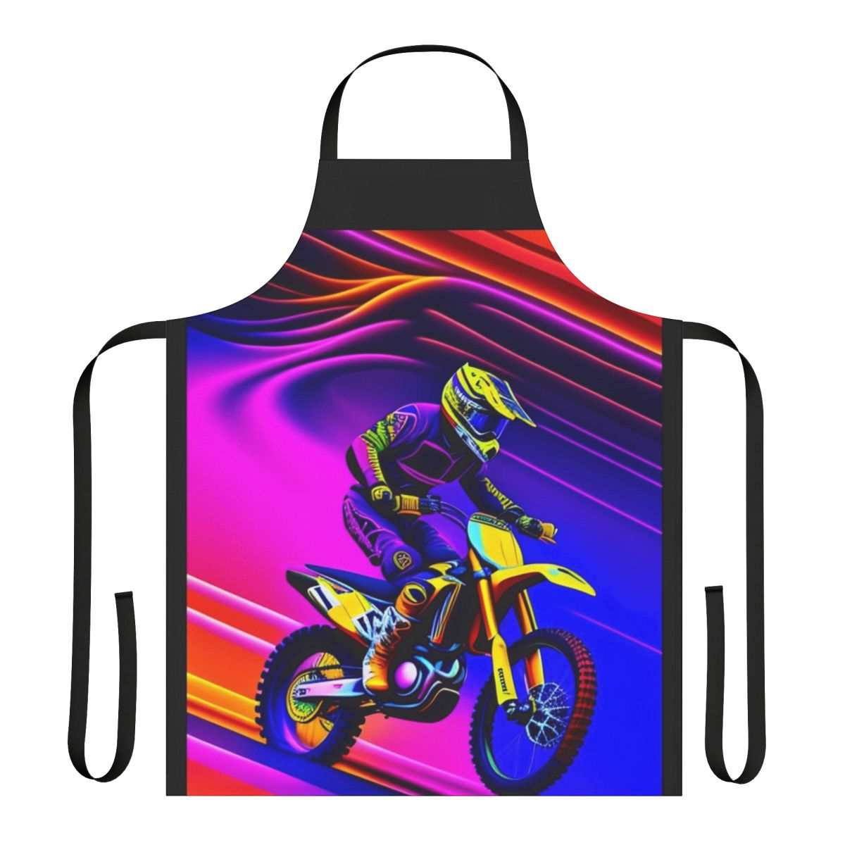 Colorful motocross rider artwork featured on a high-quality apron
