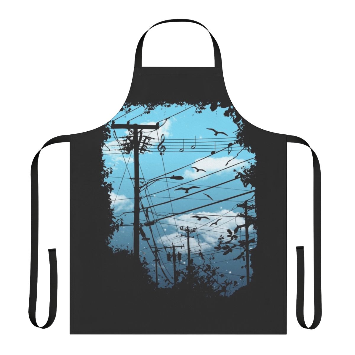 Apron with a cityscape, music, and bird silhouette design