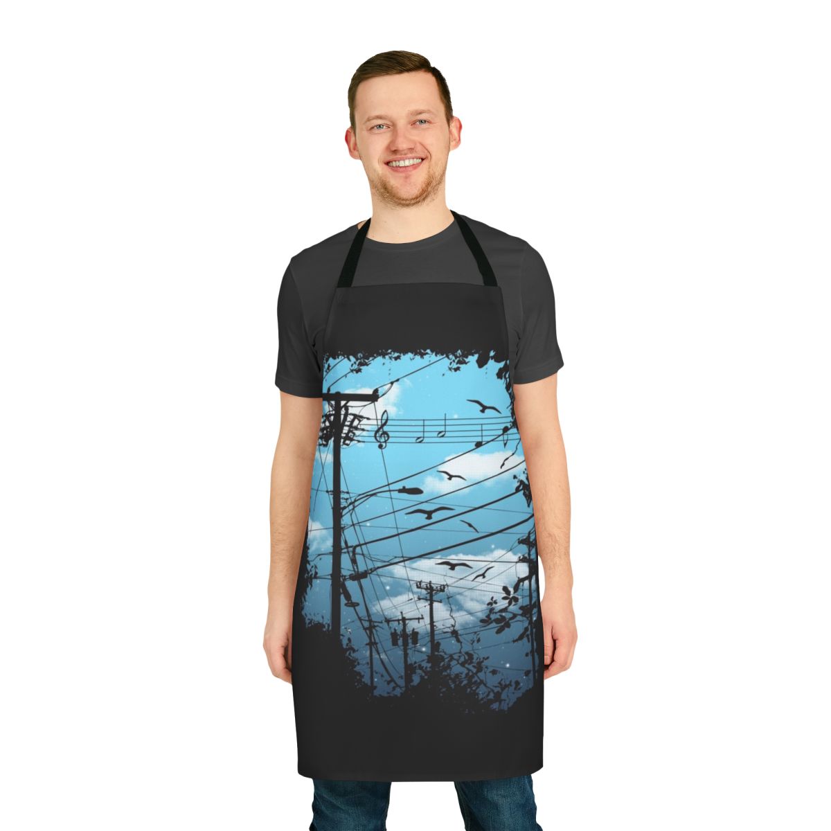 Apron with a cityscape, music, and bird silhouette design