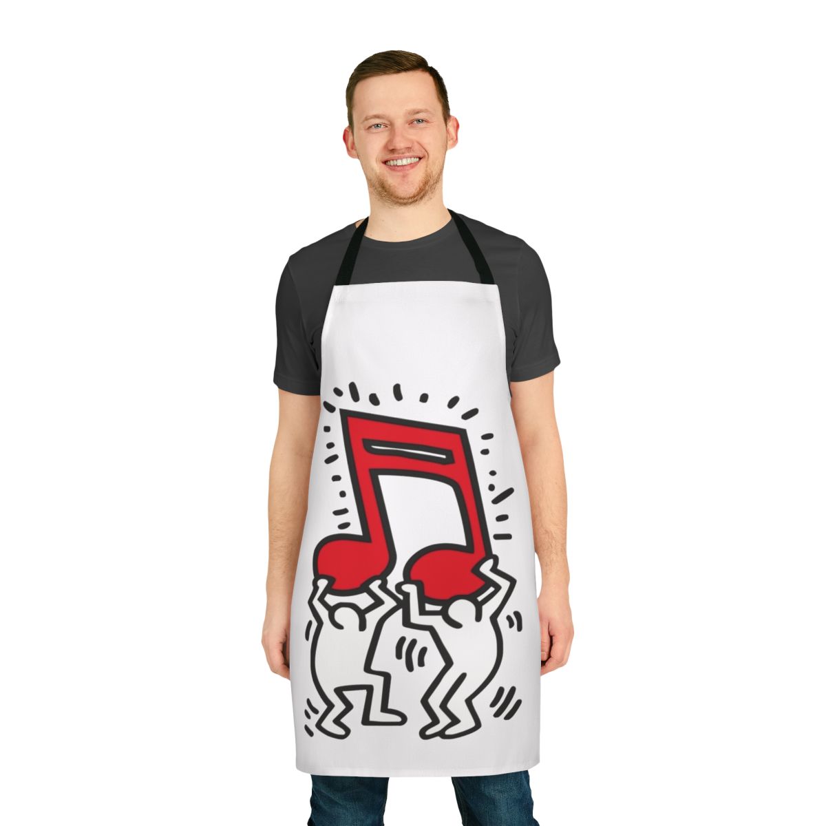 Colorful apron featuring a music note in a pop art, cartoon-inspired design