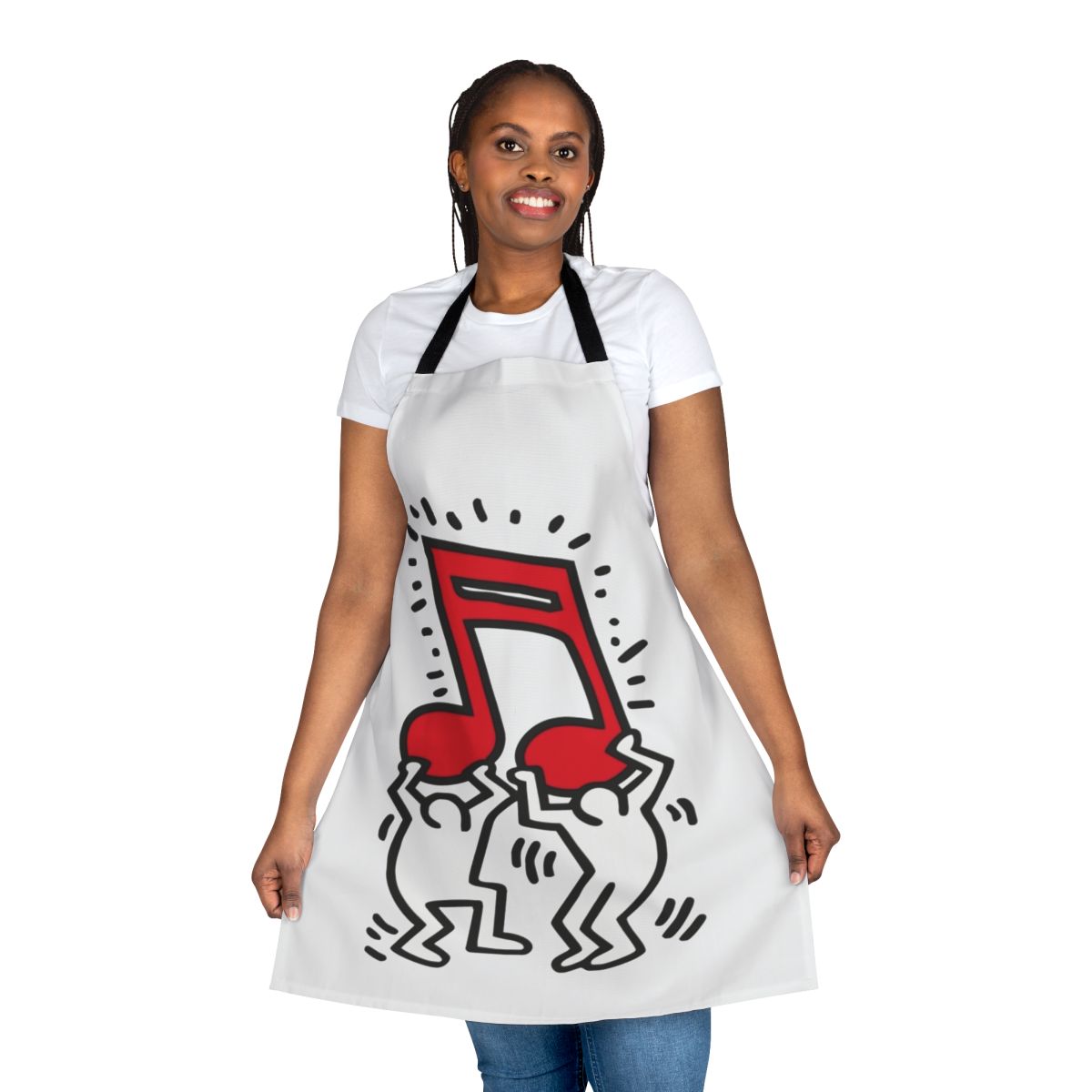 Colorful apron featuring a music note in a pop art, cartoon-inspired design