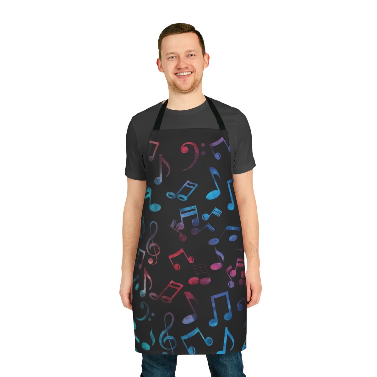 Vibrant music notes pattern apron with watercolor and playful art design