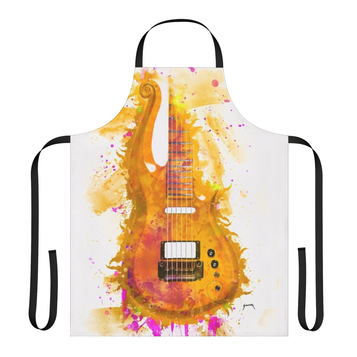 A vibrant apron featuring a watercolor-style electric guitar design, perfect for music-loving chefs and home cooks.