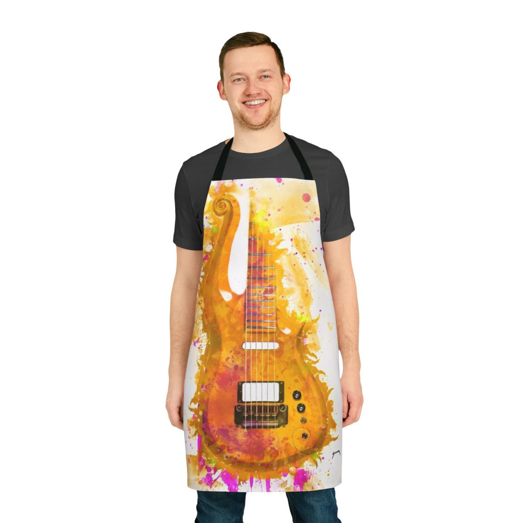 A vibrant apron featuring a watercolor-style electric guitar design, perfect for music-loving chefs and home cooks.