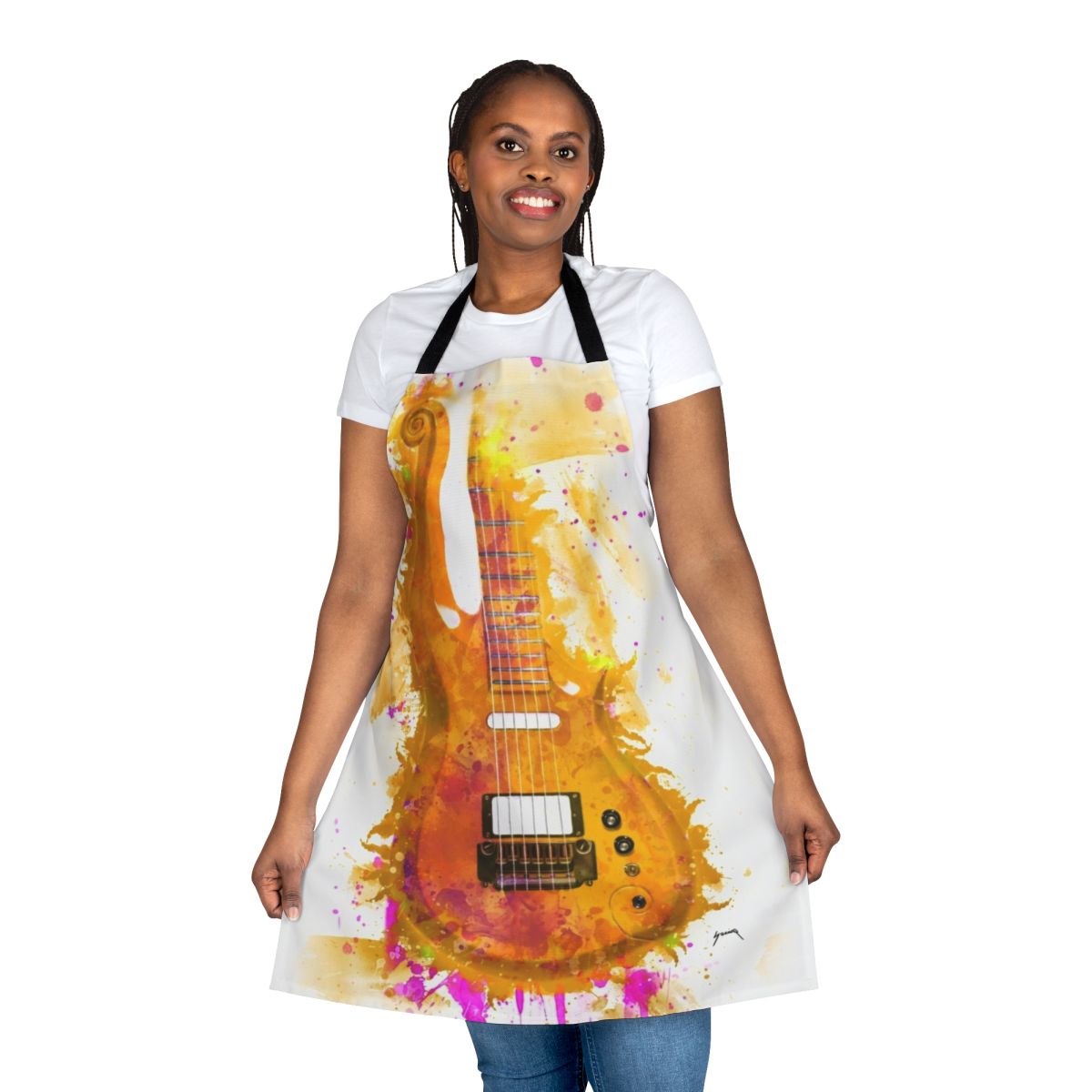 A vibrant apron featuring a watercolor-style electric guitar design, perfect for music-loving chefs and home cooks.