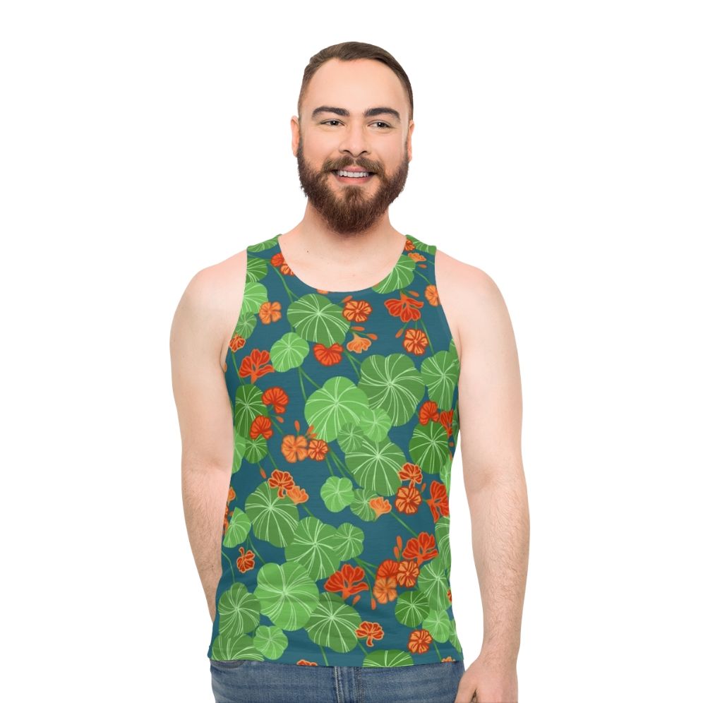 Unisex tank top with a vibrant nasturtium floral design