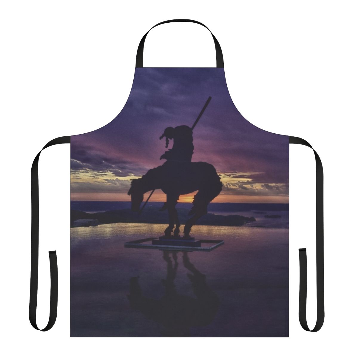 Sunset landscape with horse and tribal silhouettes on orange and purple apron