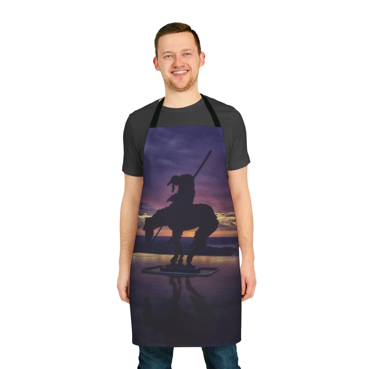 Sunset landscape with horse and tribal silhouettes on orange and purple apron