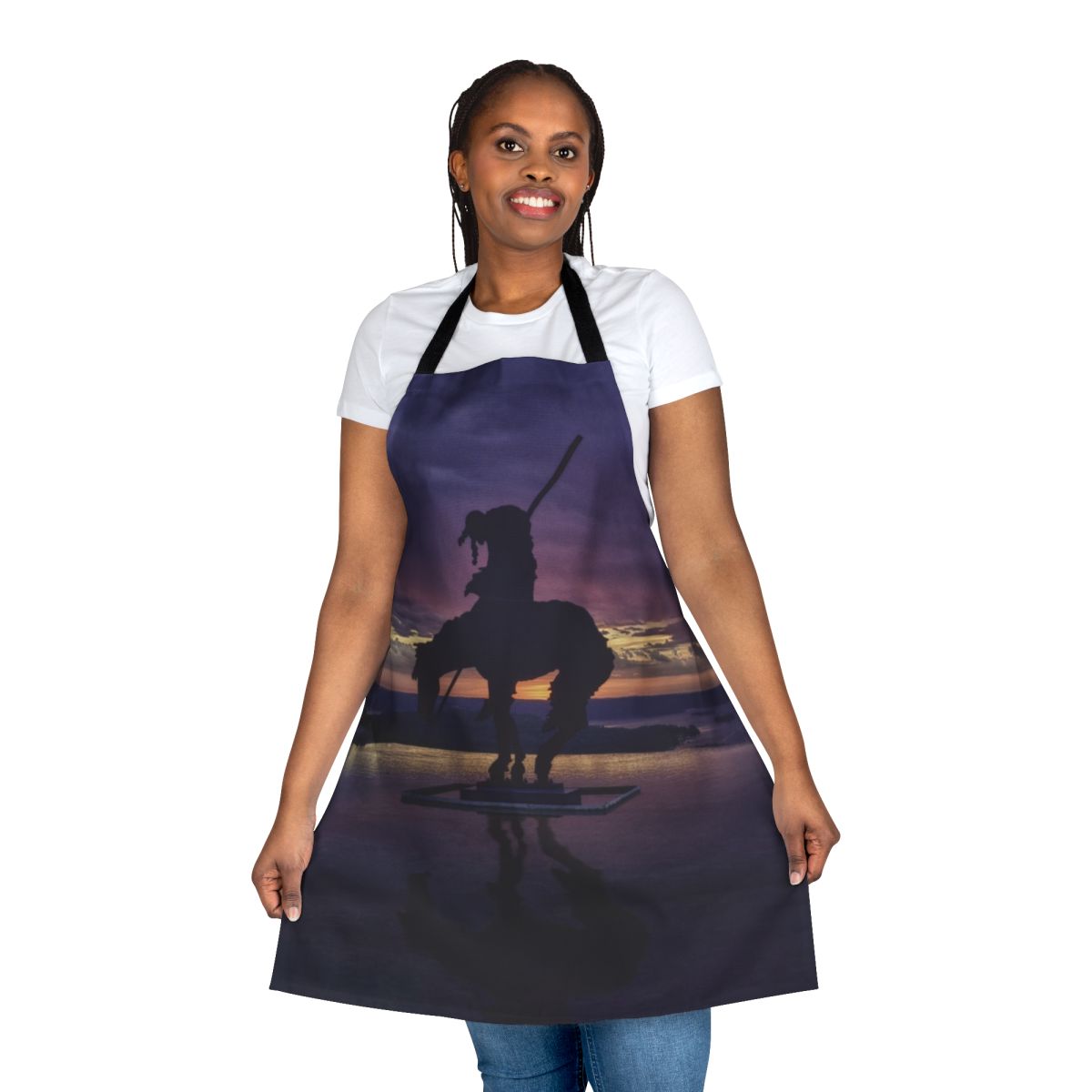 Sunset landscape with horse and tribal silhouettes on orange and purple apron