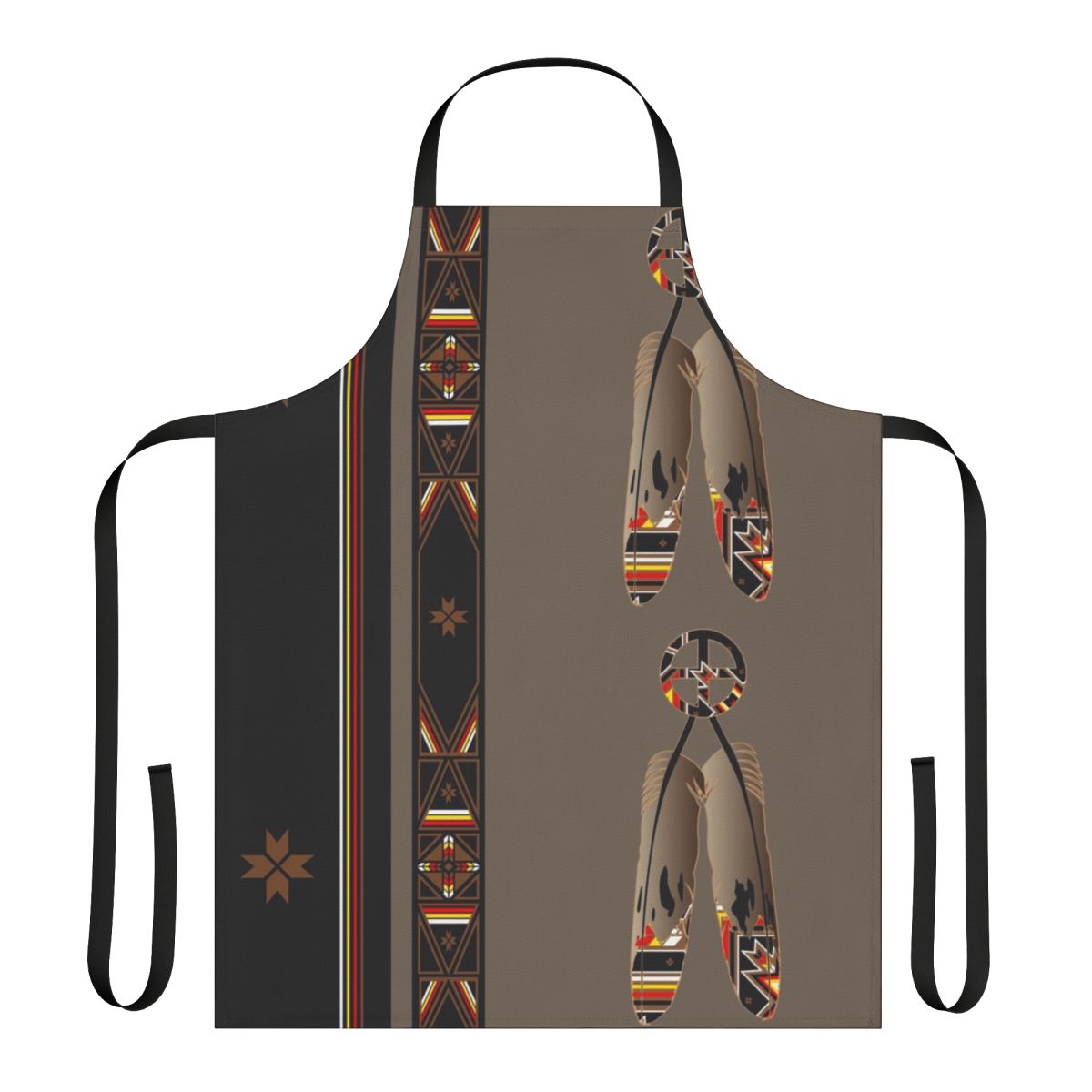 Colorful apron featuring a Melvin War Eagle-style pop art design with feathers, an eagle, and cultural symbols