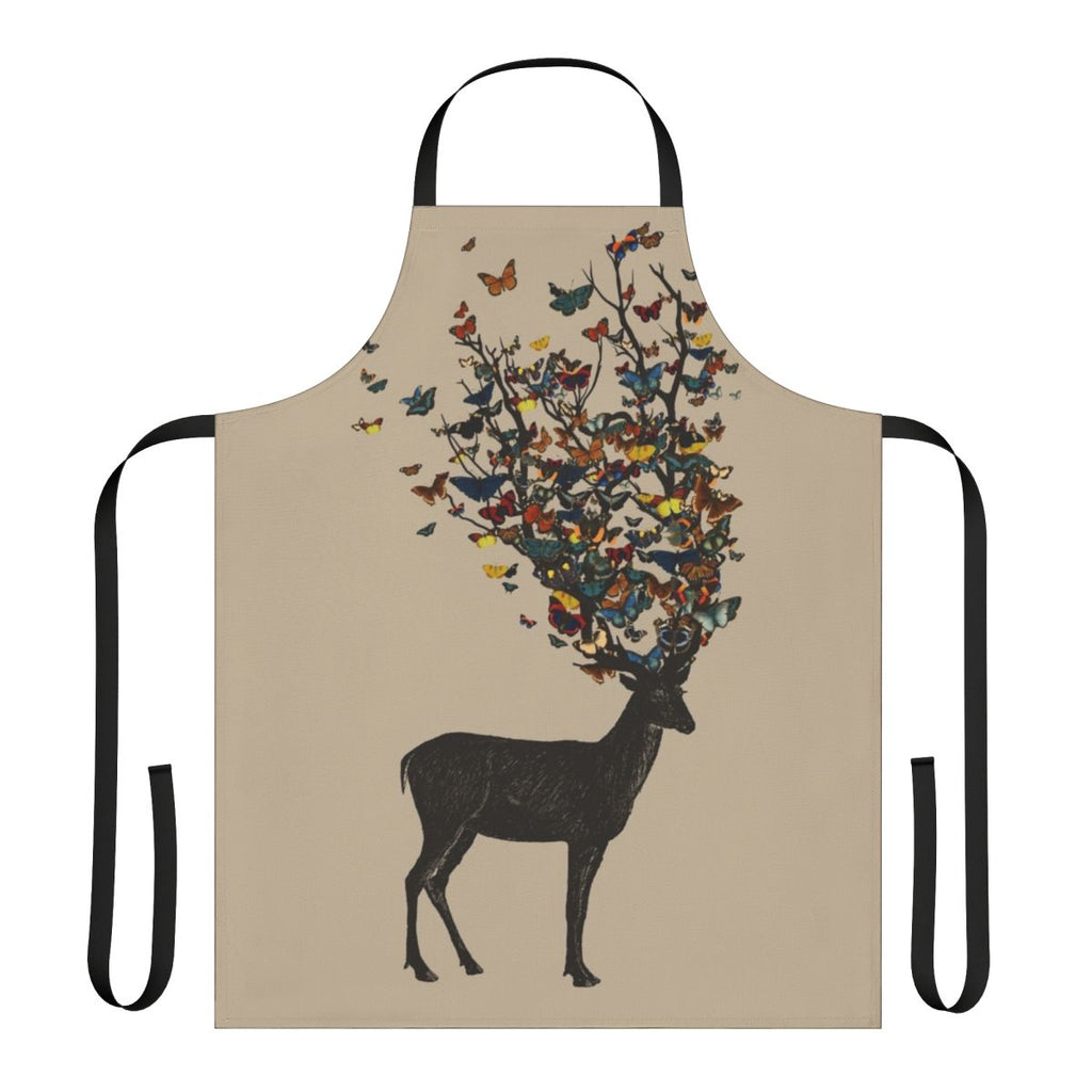 Colorful apron featuring a nature-inspired design with a stag, butterflies, and botanical elements.