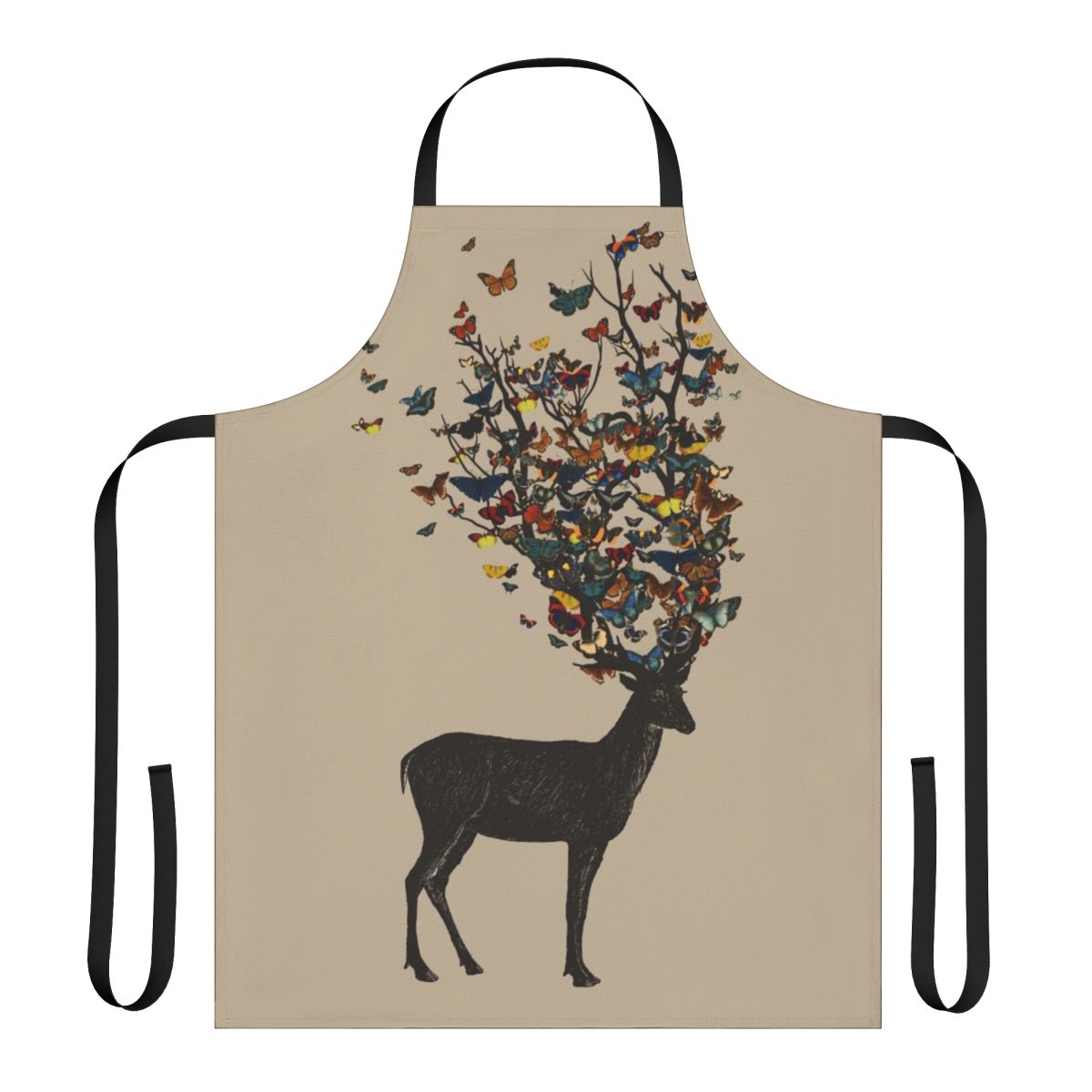 Colorful apron featuring a nature-inspired design with a stag, butterflies, and botanical elements.