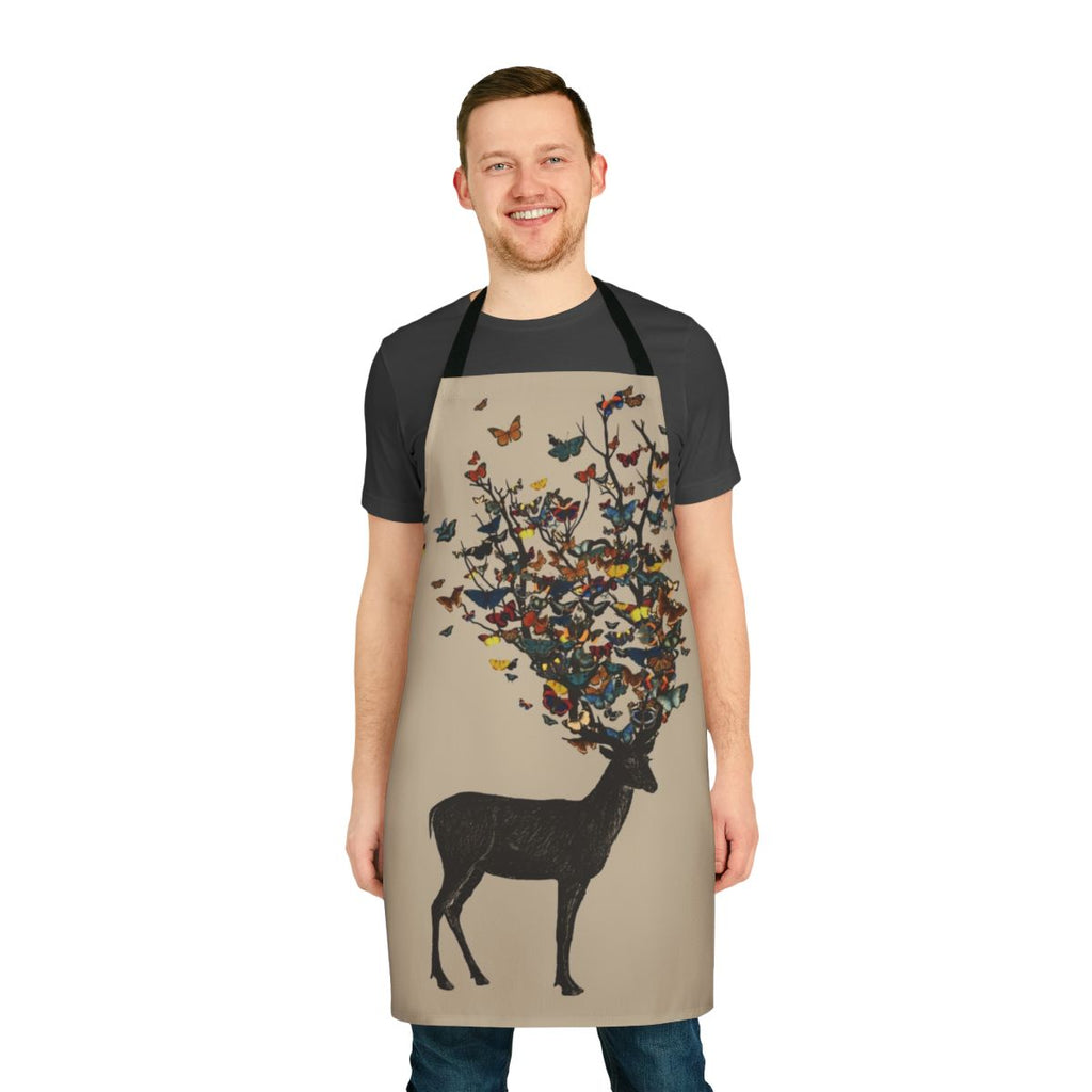 Colorful apron featuring a nature-inspired design with a stag, butterflies, and botanical elements.