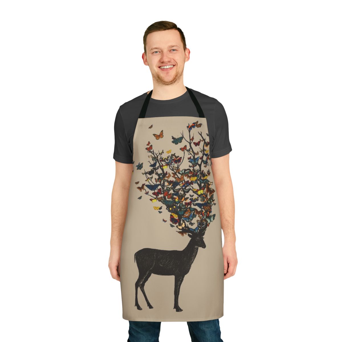 Colorful apron featuring a nature-inspired design with a stag, butterflies, and botanical elements.