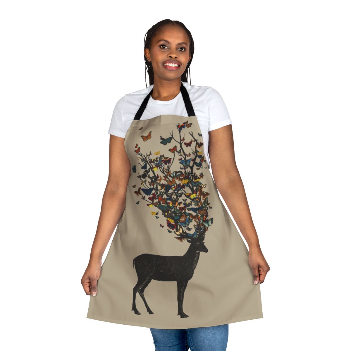 Colorful apron featuring a nature-inspired design with a stag, butterflies, and botanical elements.