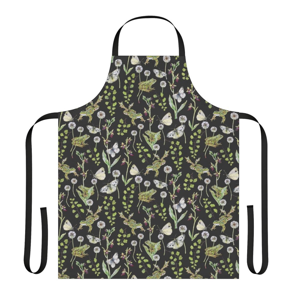 Springtime apron featuring a watercolor design of frogs and orchids in a natural setting