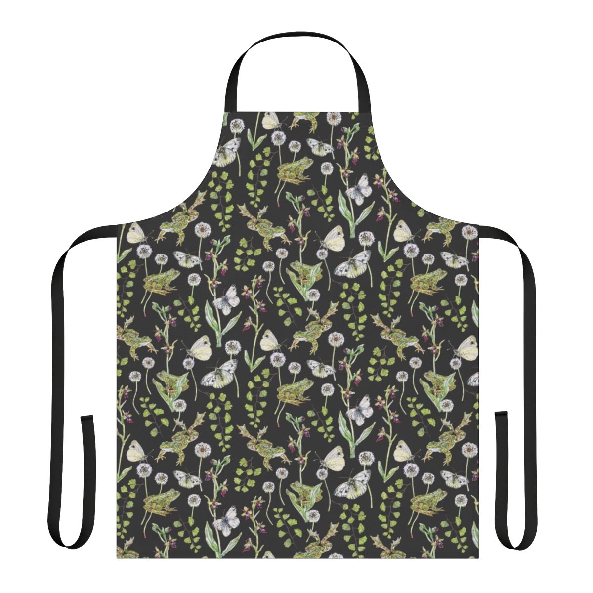 Springtime apron featuring a watercolor design of frogs and orchids in a natural setting