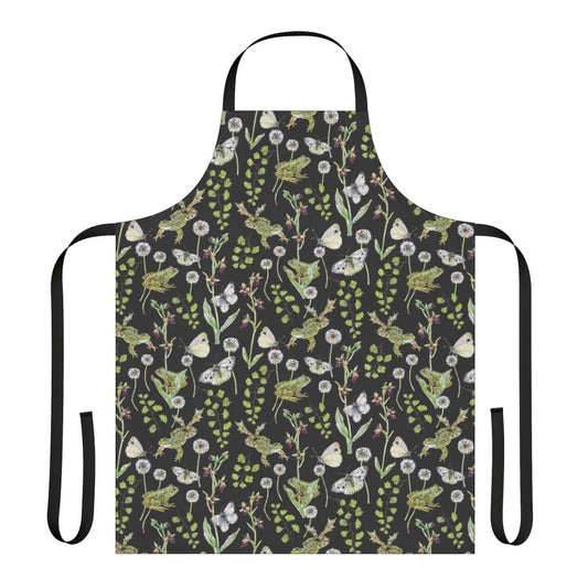 Springtime apron featuring a watercolor design of frogs and orchids in a natural setting