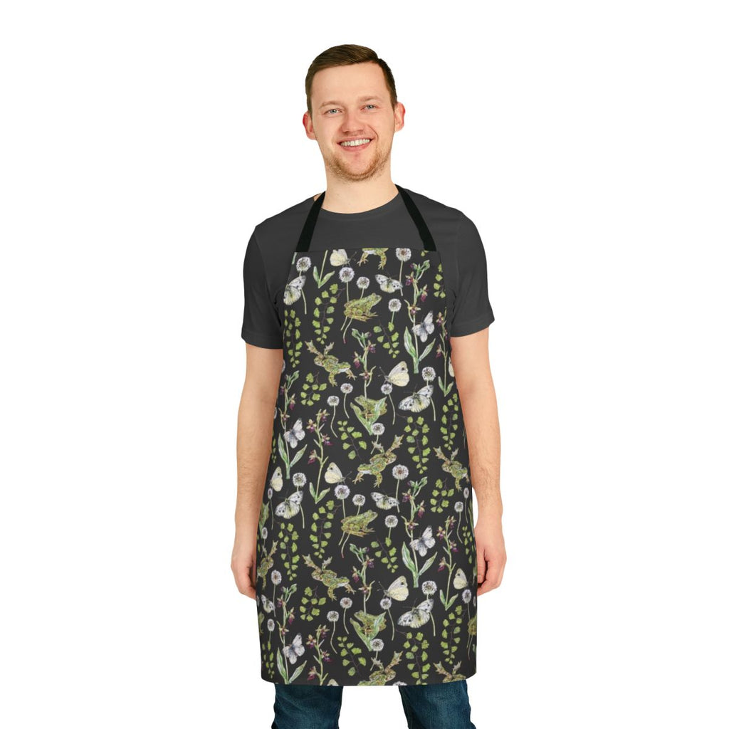 Springtime apron featuring a watercolor design of frogs and orchids in a natural setting