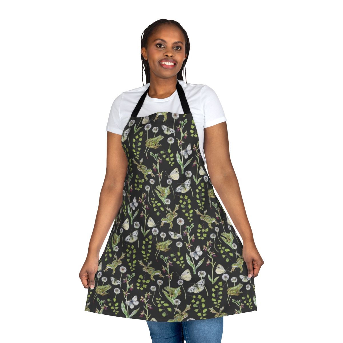 Springtime apron featuring a watercolor design of frogs and orchids in a natural setting