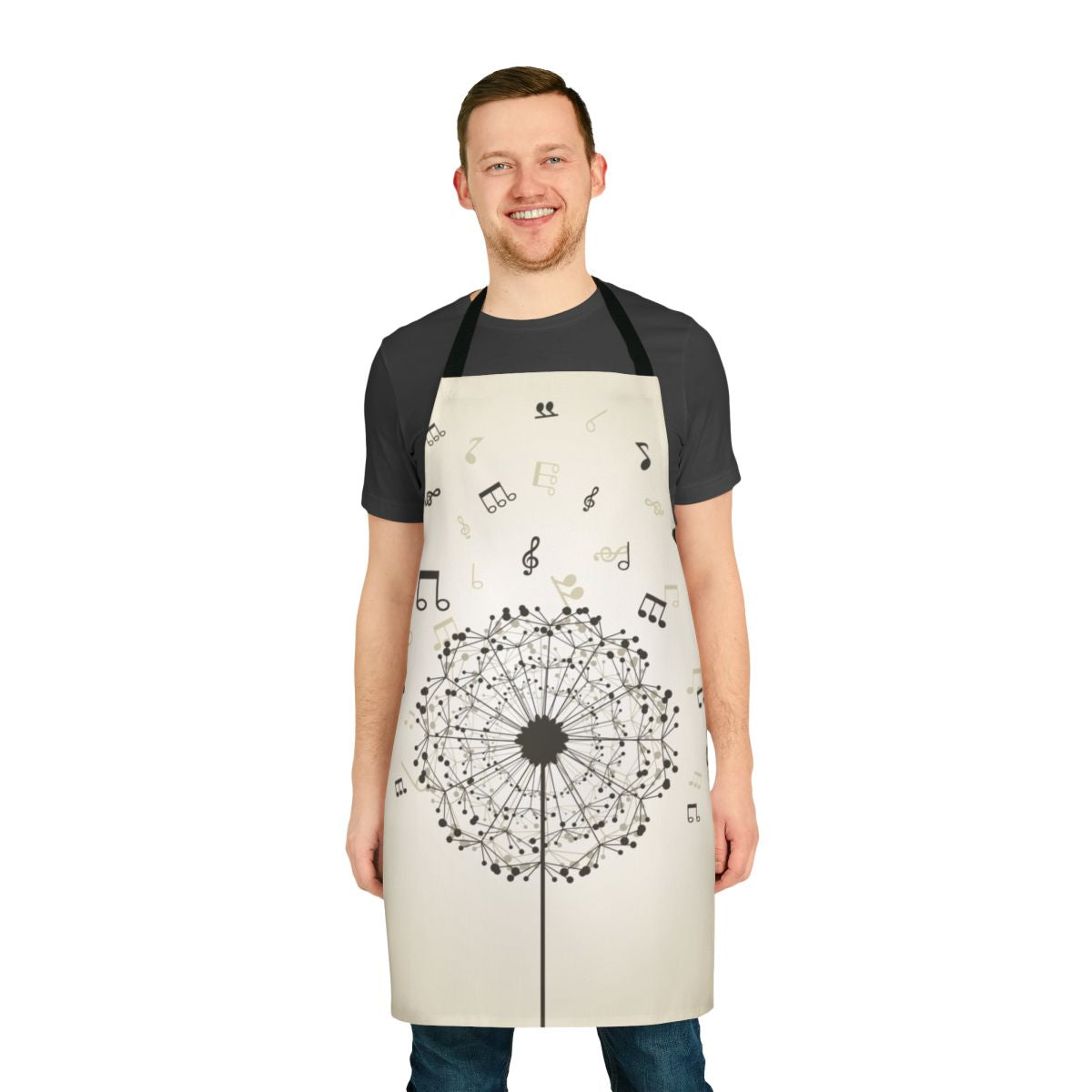 Vibrant dandelion pattern printed on a high-quality apron for music enthusiasts.