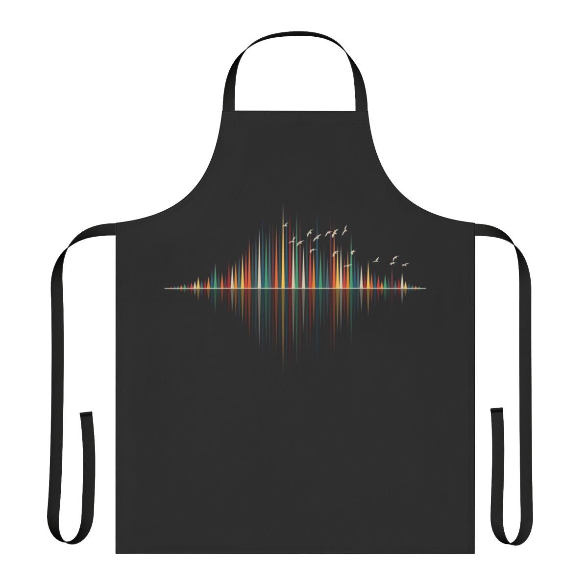 Colorful abstract geometric sound wave design apron featuring silhouettes of flying birds against a sunset landscape